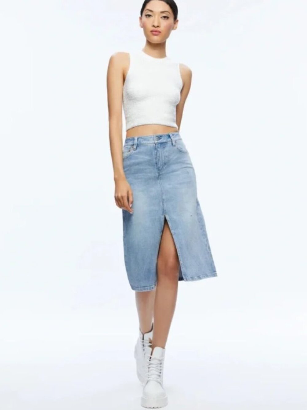 Alice + Olivia Size 27 Rye Midi Denim Midi Skirt w Slit Lightning Blue EUC